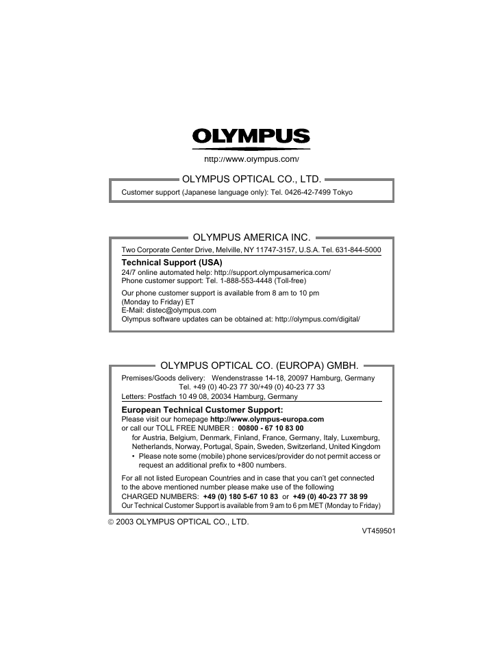 Olympus optical co., ltd, Olympus america inc, Olympus optical co. (europa) gmbh | Olympus C-740-C-760 Ultra Zoom User Manual | Page 226 / 226