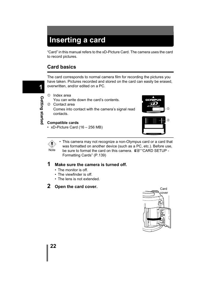 Inserting a card, Card basics, P.22 | Olympus C-740-C-760 Ultra Zoom User Manual | Page 23 / 226