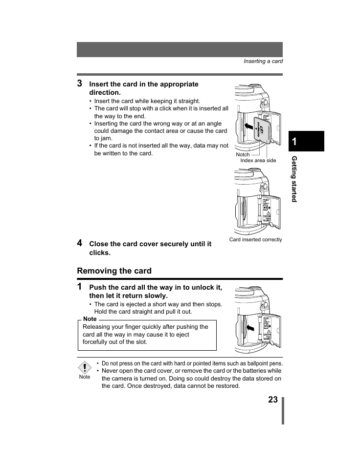 Removing the card | Olympus C-740-C-760 Ultra Zoom User Manual | Page 24 / 226