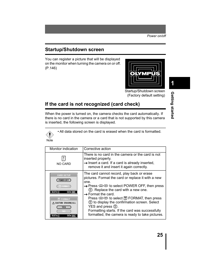 Startup/shutdown screen, If the card is not recognized (card check) | Olympus C-740-C-760 Ultra Zoom User Manual | Page 26 / 226