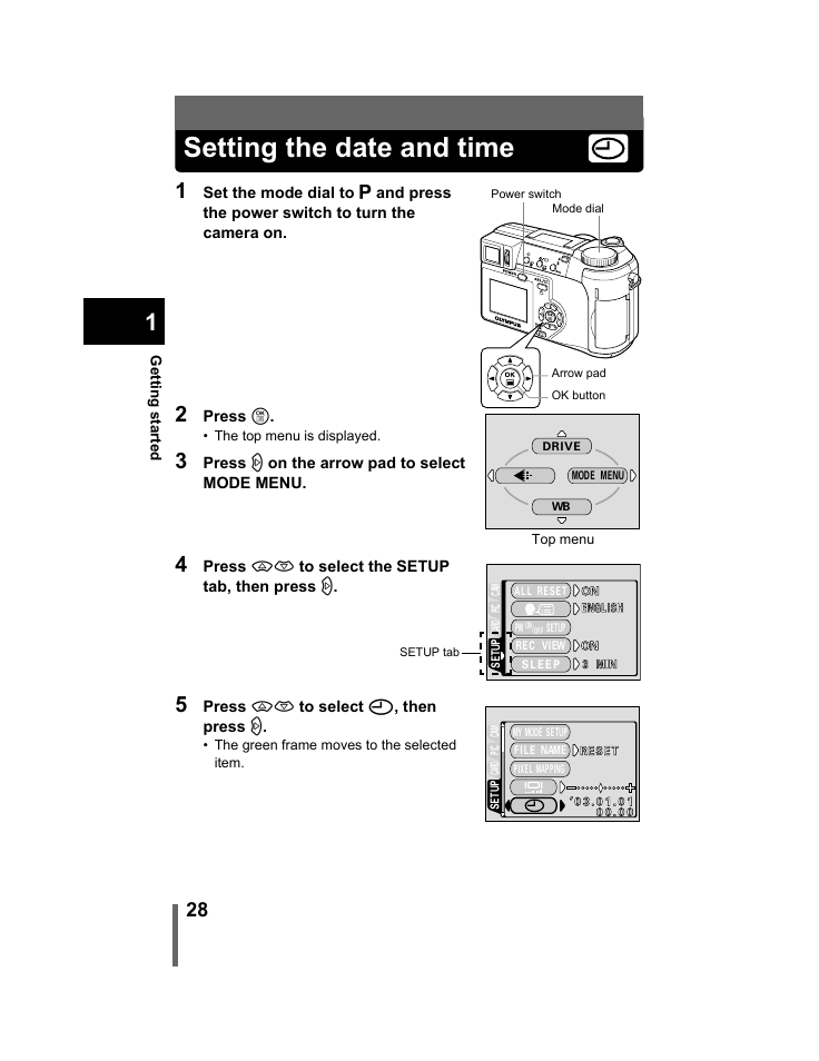 Setting the date and time, P.28 | Olympus C-740-C-760 Ultra Zoom User Manual | Page 29 / 226