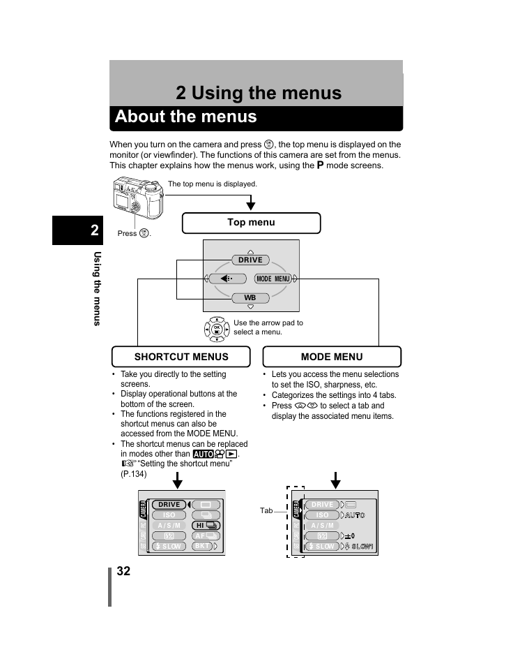 2 using the menus, About the menus, Using the menus | P.32 | Olympus C-740-C-760 Ultra Zoom User Manual | Page 33 / 226