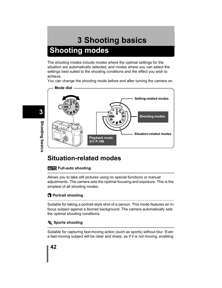 3 shooting basics, Shooting modes, Shooting basics | P.42, Situation-related modes | Olympus C-740-C-760 Ultra Zoom User Manual | Page 43 / 226