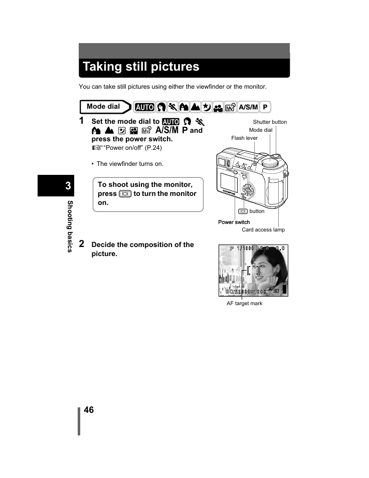 Taking still pictures, P.46 | Olympus C-740-C-760 Ultra Zoom User Manual | Page 47 / 226