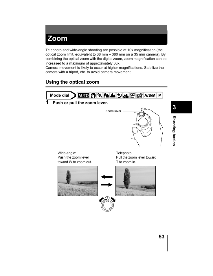 Zoom, Using the optical zoom, P.53, 110, 111 | Olympus C-740-C-760 Ultra Zoom User Manual | Page 54 / 226