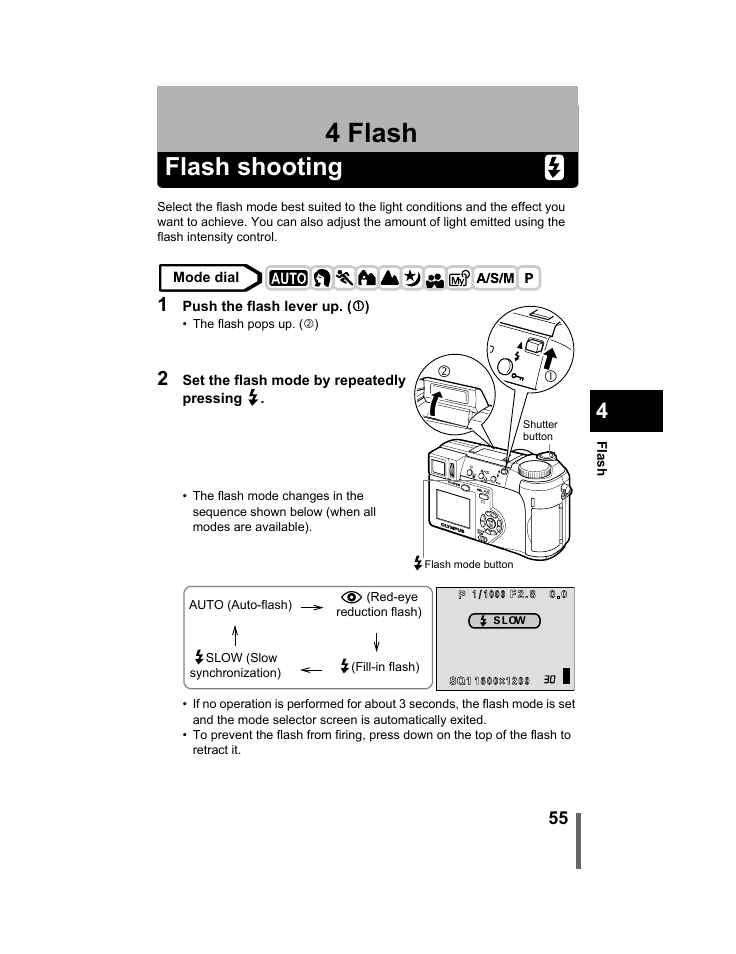 4 flash, Flash shooting, Flash | P.55, Pop up. (p.55) | Olympus C-740-C-760 Ultra Zoom User Manual | Page 56 / 226
