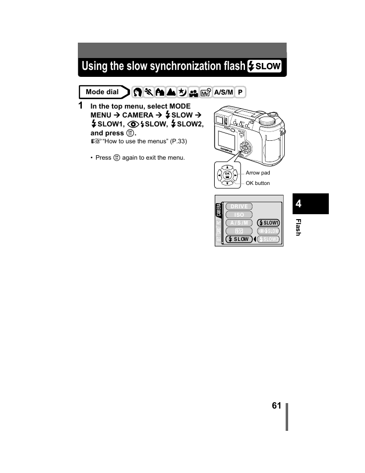 Using the slow synchronization flash, P.61 | Olympus C-740-C-760 Ultra Zoom User Manual | Page 62 / 226