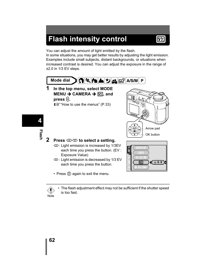 Flash intensity control, P.62 | Olympus C-740-C-760 Ultra Zoom User Manual | Page 63 / 226