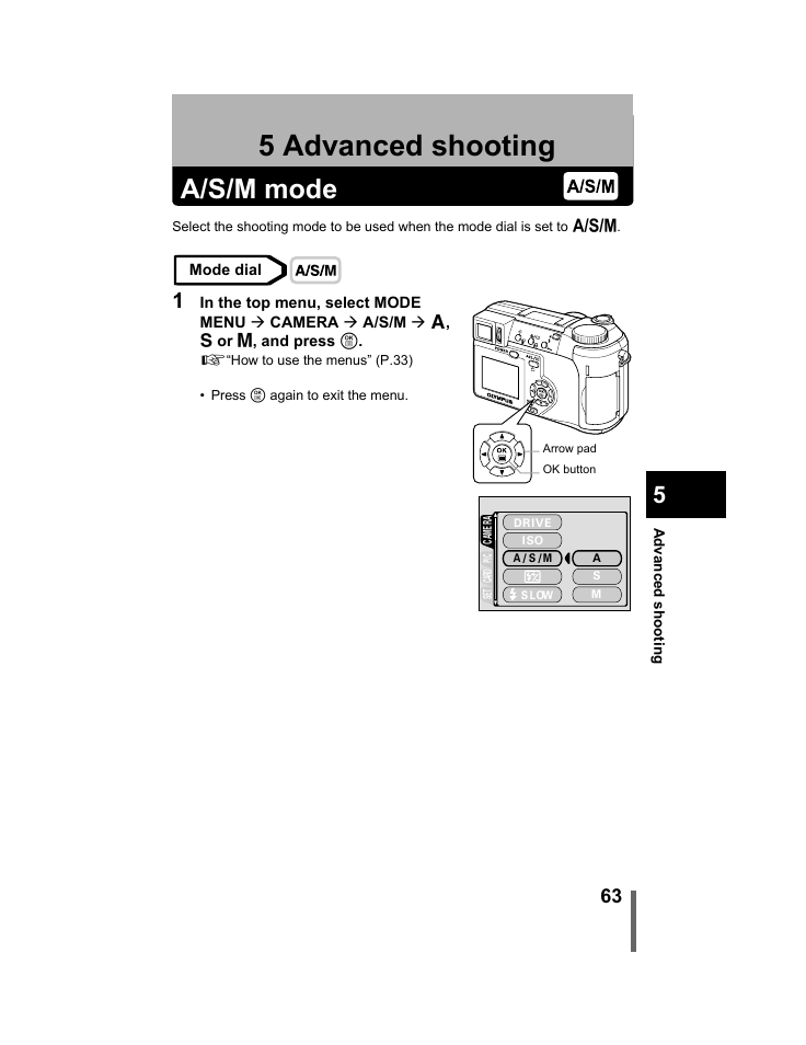 5 advanced shooting, A/s/m mode, Advanced shooting | P.63 | Olympus C-740-C-760 Ultra Zoom User Manual | Page 64 / 226