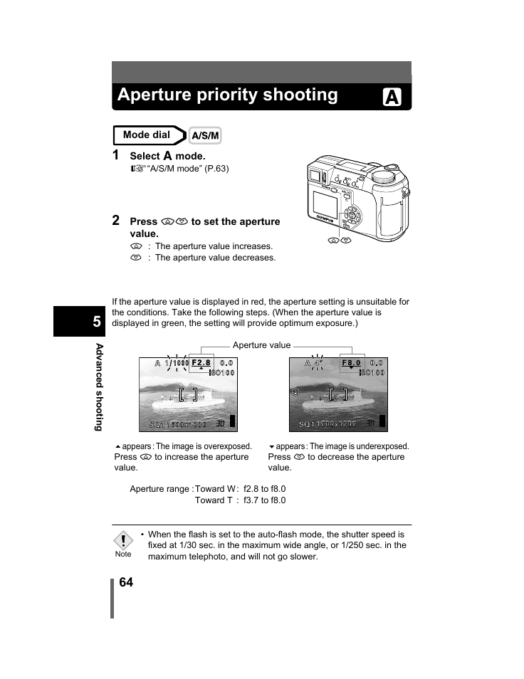 Aperture priority shooting, P.64 | Olympus C-740-C-760 Ultra Zoom User Manual | Page 65 / 226