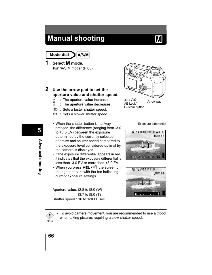 Manual shooting, P.66, Manual shooting” (p.66) | Olympus C-740-C-760 Ultra Zoom User Manual | Page 67 / 226