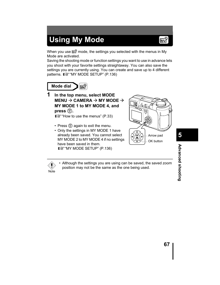 Using my mode, P.67, G“using my mode” (p.67) | Olympus C-740-C-760 Ultra Zoom User Manual | Page 68 / 226