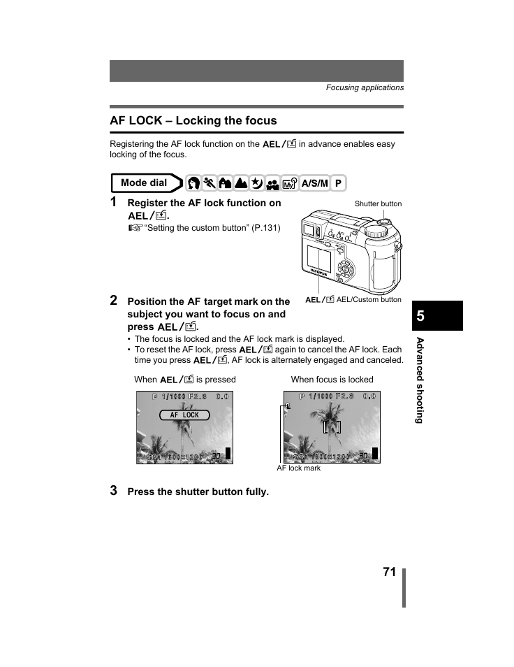 Af lock – locking the focus, G“af lock – locking the focus” (p.71) | Olympus C-740-C-760 Ultra Zoom User Manual | Page 72 / 226