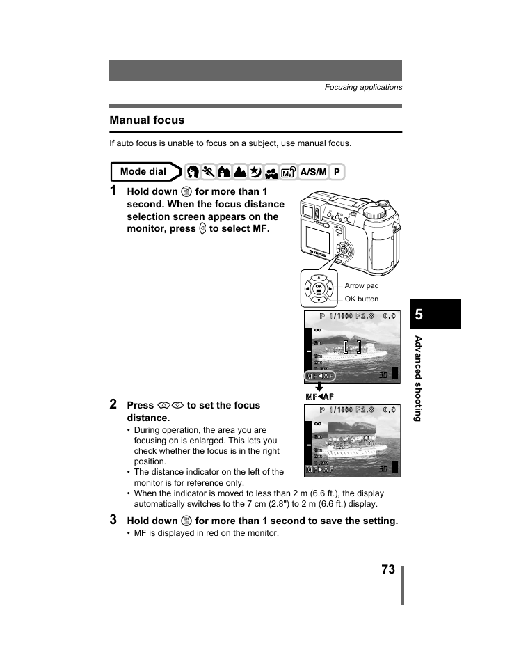 Manual focus, P.73, Manual | Focus” (p.73) | Olympus C-740-C-760 Ultra Zoom User Manual | Page 74 / 226