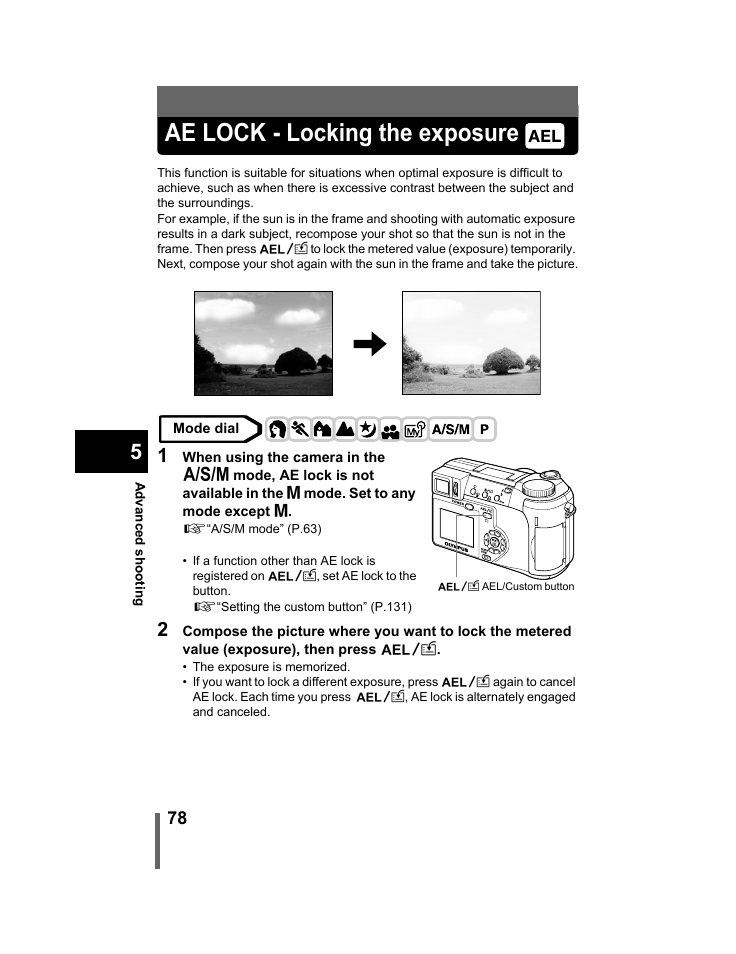 Ae lock - locking the exposure, P.78, G“ae lock - locking the exposure” (p.78) | Olympus C-740-C-760 Ultra Zoom User Manual | Page 79 / 226