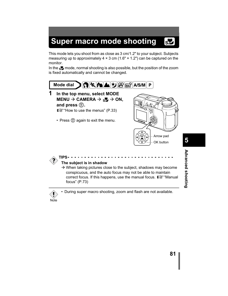 Super macro mode shooting, P.81, 2'' from the subject. (p.81) | Olympus C-740-C-760 Ultra Zoom User Manual | Page 82 / 226
