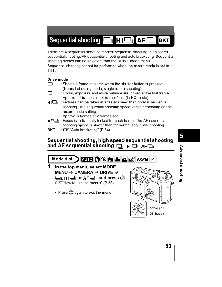 Sequential shooting, Af sequential shooting, P.83 | Olympus C-740-C-760 Ultra Zoom User Manual | Page 84 / 226