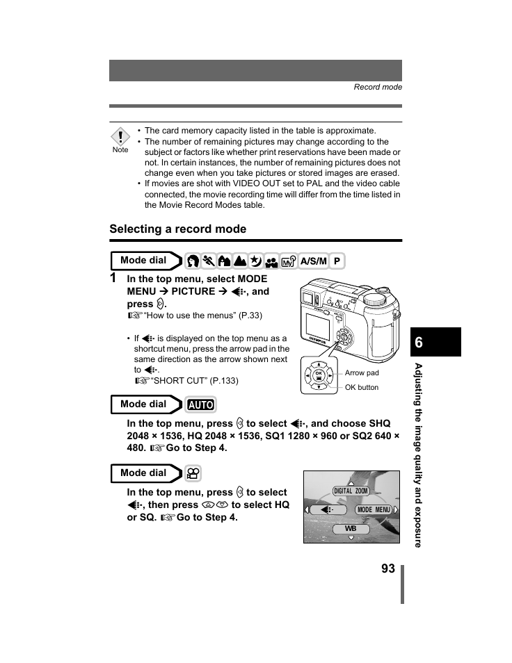 Selecting a record mode | Olympus C-740-C-760 Ultra Zoom User Manual | Page 94 / 226