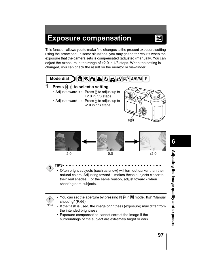 Exposure compensation, P.97 | Olympus C-740-C-760 Ultra Zoom User Manual | Page 98 / 226