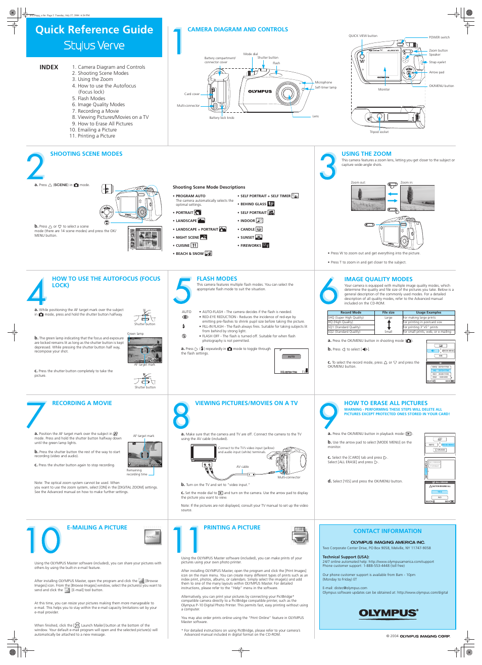 Quick reference guide, Index, E-mailing a picture | Printing a picture, Contact information, Camera diagram and controls, Shooting scene modes, Using the zoom, How to use the autofocus (focus lock), Flash modes | Olympus Stylus Verve User Manual | Page 2 / 2