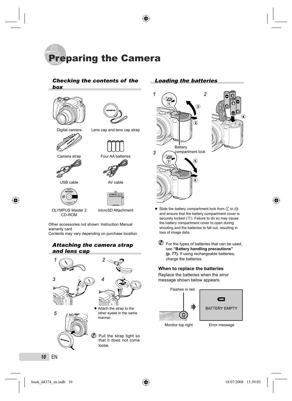 Preparing the camera, Loading the batteries | Olympus SP-565 UZ User Manual | Page 10 / 94