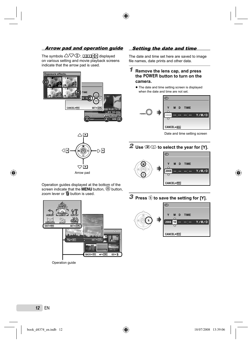 Arrow pad and operation guide, Setting the date and time, 12 en | Use 78 to select the year for [y, Press : to save the setting for [y | Olympus SP-565 UZ User Manual | Page 12 / 94