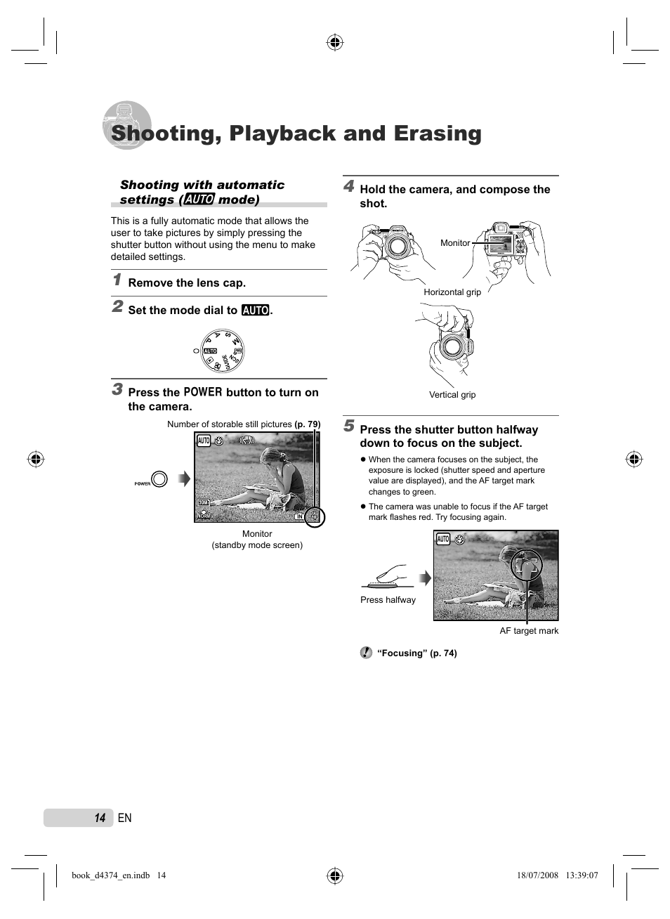 Shooting, playback and erasing, 14 en, Shooting with automatic settings | Mode) | Olympus SP-565 UZ User Manual | Page 14 / 94