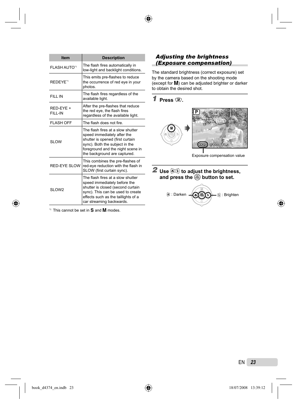 23 en, Adjusting the brightness (exposure compensation) | Olympus SP-565 UZ User Manual | Page 23 / 94
