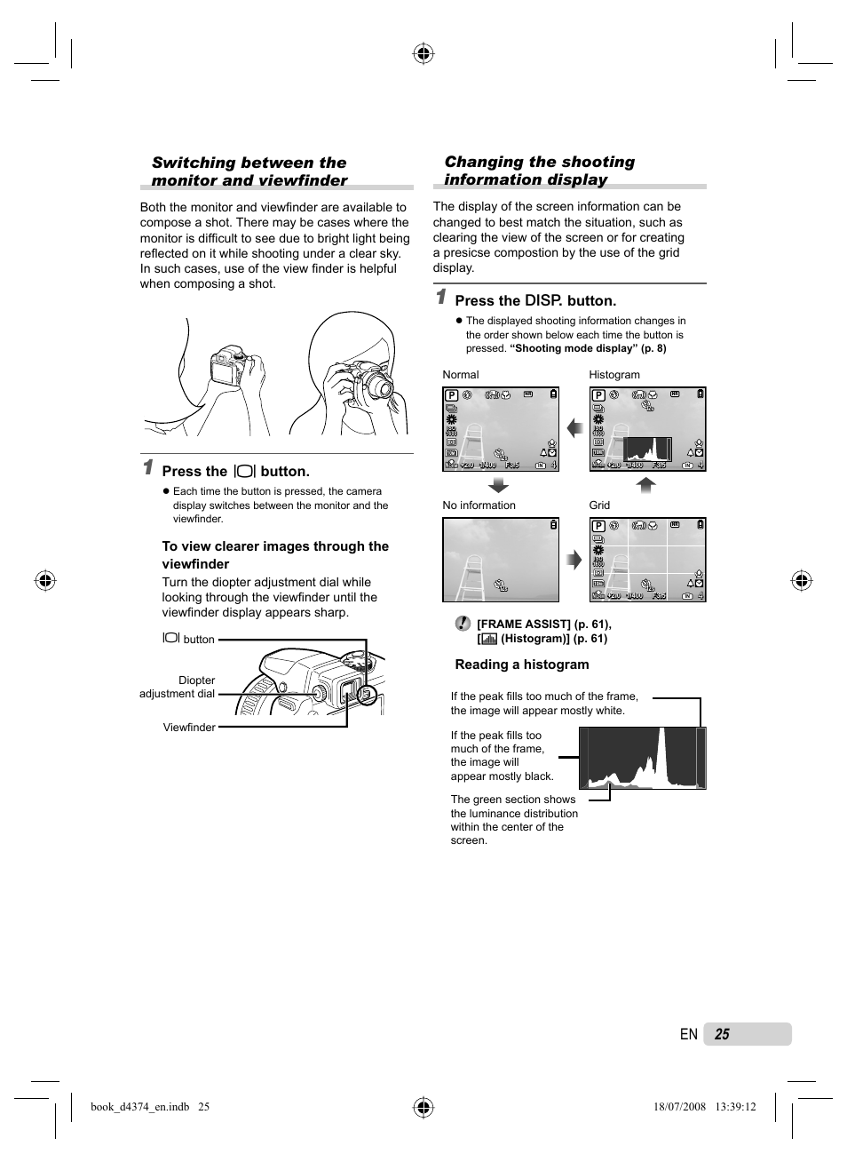 25 en switching between the monitor and viewfinder, Changing the shooting information display, Press the u button | Press the g button, Reading a histogram, Frame assist] (p. 61), [ u (histogram)] (p. 61) | Olympus SP-565 UZ User Manual | Page 25 / 94