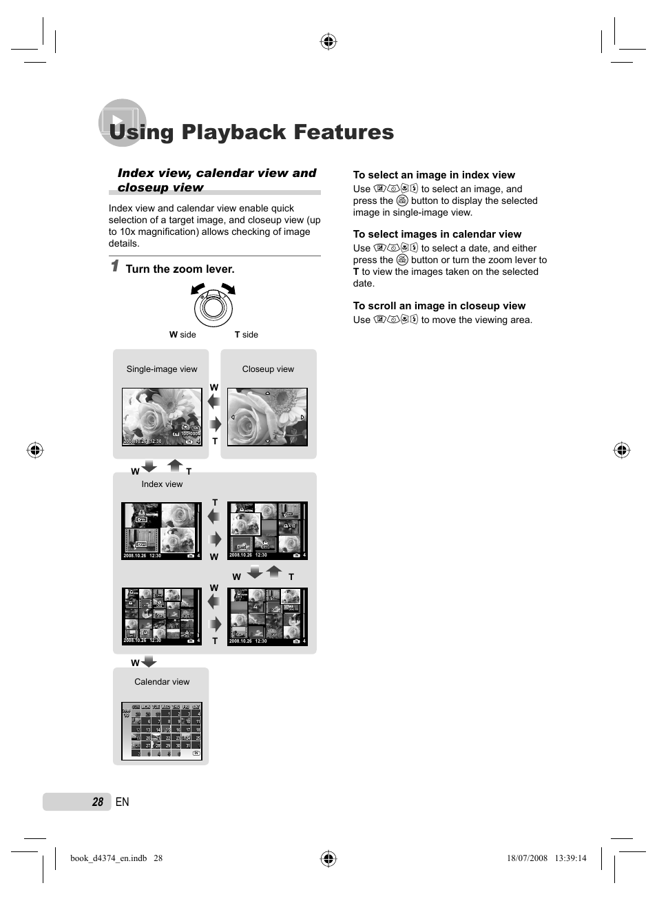 Using playback features, 28 en index view, calendar view and closeup view, Turn the zoom lever | Use 789: to move the viewing area | Olympus SP-565 UZ User Manual | Page 28 / 94