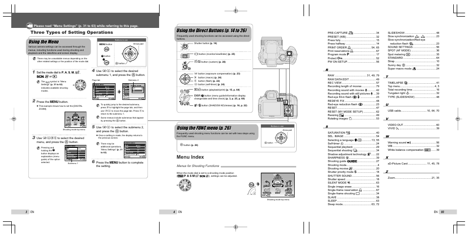 Using the menu, Menu index, Using the func menu (p. 26) | Using the direct buttons (p. 14 to 26), Three types of setting operations, Menus for shooting functions, 93 en, En 3 4 en, Set the mode dial to p , a , s , m , r, s, a or q, Press the m button | Olympus SP-565 UZ User Manual | Page 3 / 94