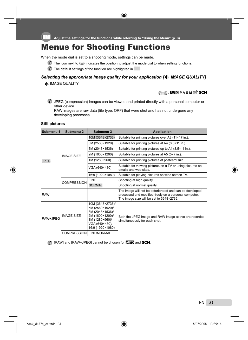 Menus for shooting functions, 31 en | Olympus SP-565 UZ User Manual | Page 31 / 94