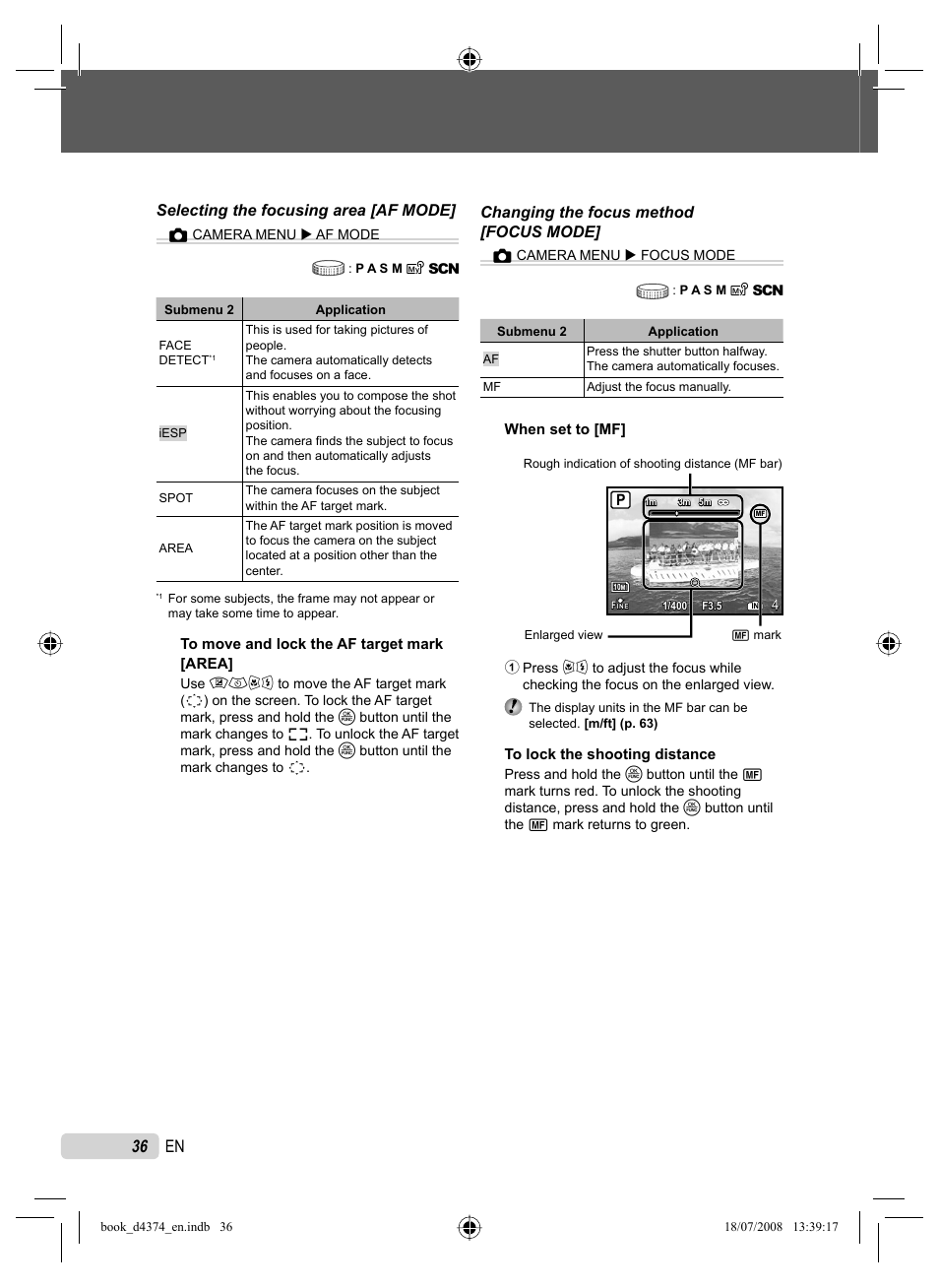 36 en, Selecting the focusing area [af mode, Changing the focus method [focus mode | Olympus SP-565 UZ User Manual | Page 36 / 94