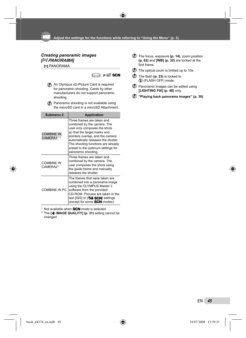 45 en, Creating panoramic images [ ~ panorama | Olympus SP-565 UZ User Manual | Page 45 / 94