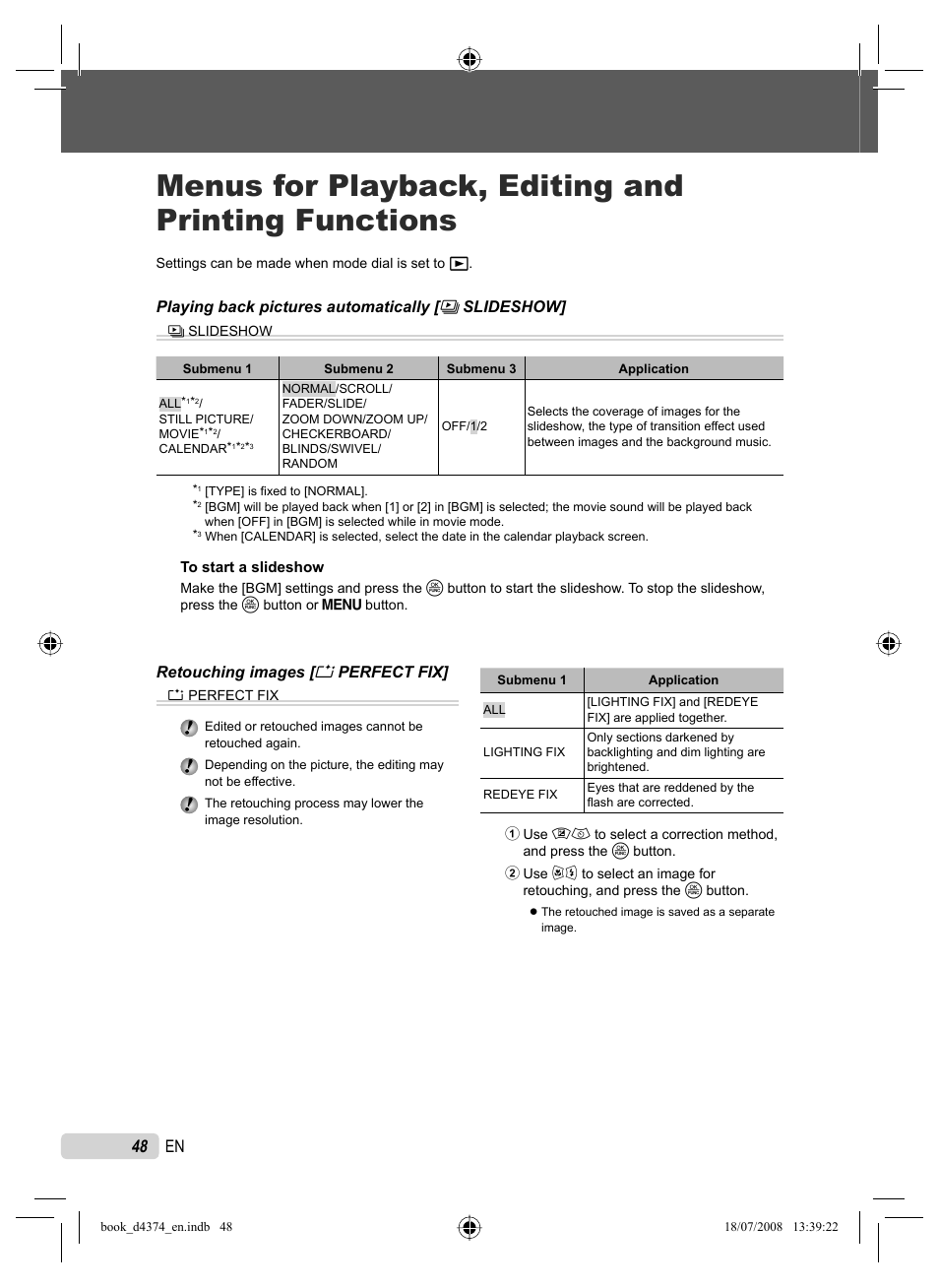 Menus for playback, editing and printing functions, 48 en | Olympus SP-565 UZ User Manual | Page 48 / 94