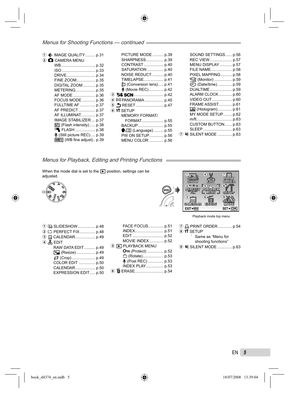 Menus for playback, editing and printing functions, Menus for shooting functions — continued | Olympus SP-565 UZ User Manual | Page 5 / 94