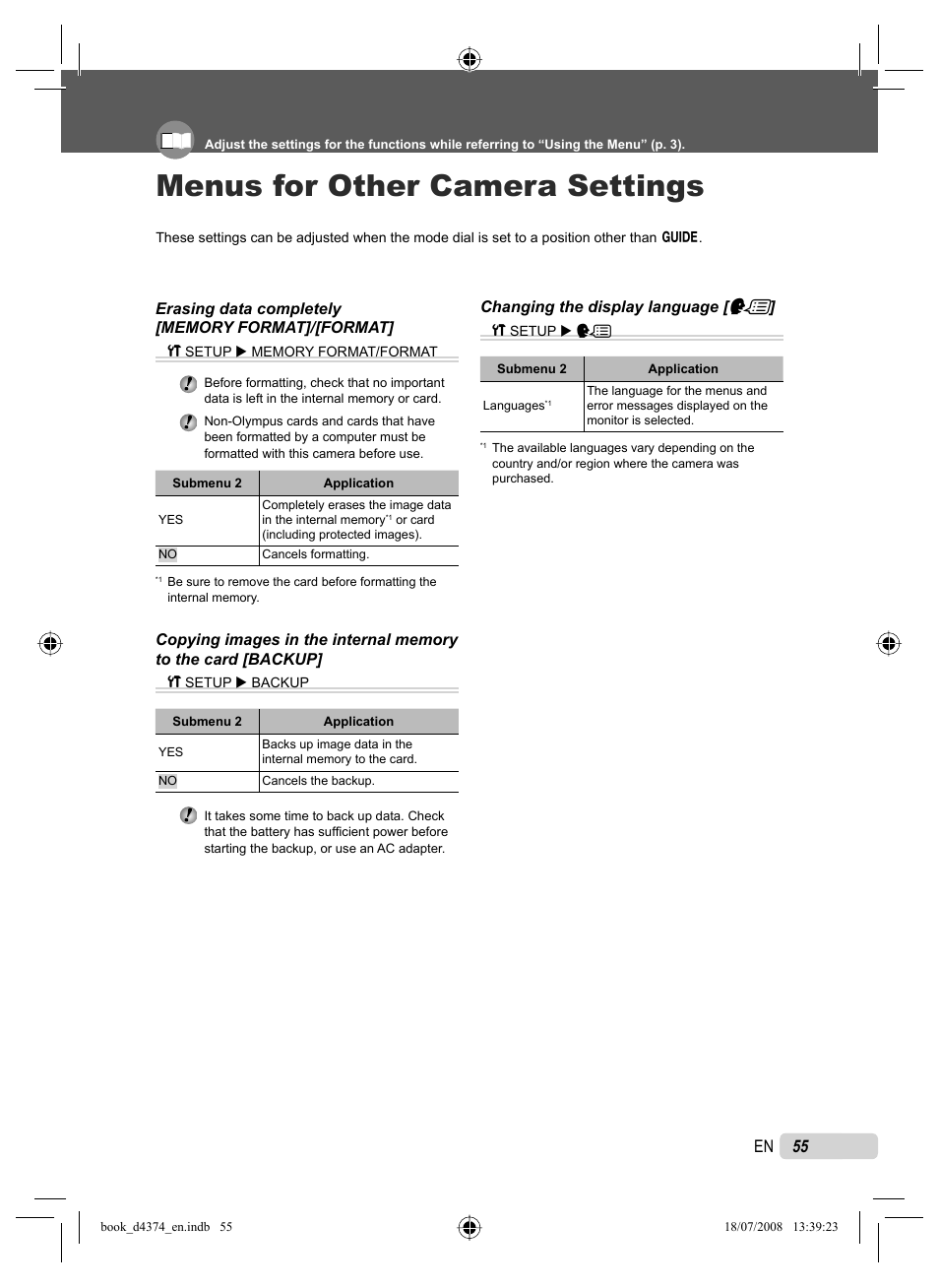 Menus for other camera settings, 55 en 55 | Olympus SP-565 UZ User Manual | Page 55 / 94