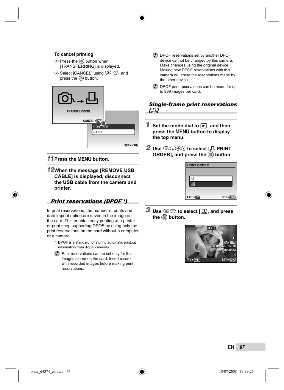 Print reservations (dpof, 67 en, Single-frame print reservations | Olympus SP-565 UZ User Manual | Page 67 / 94