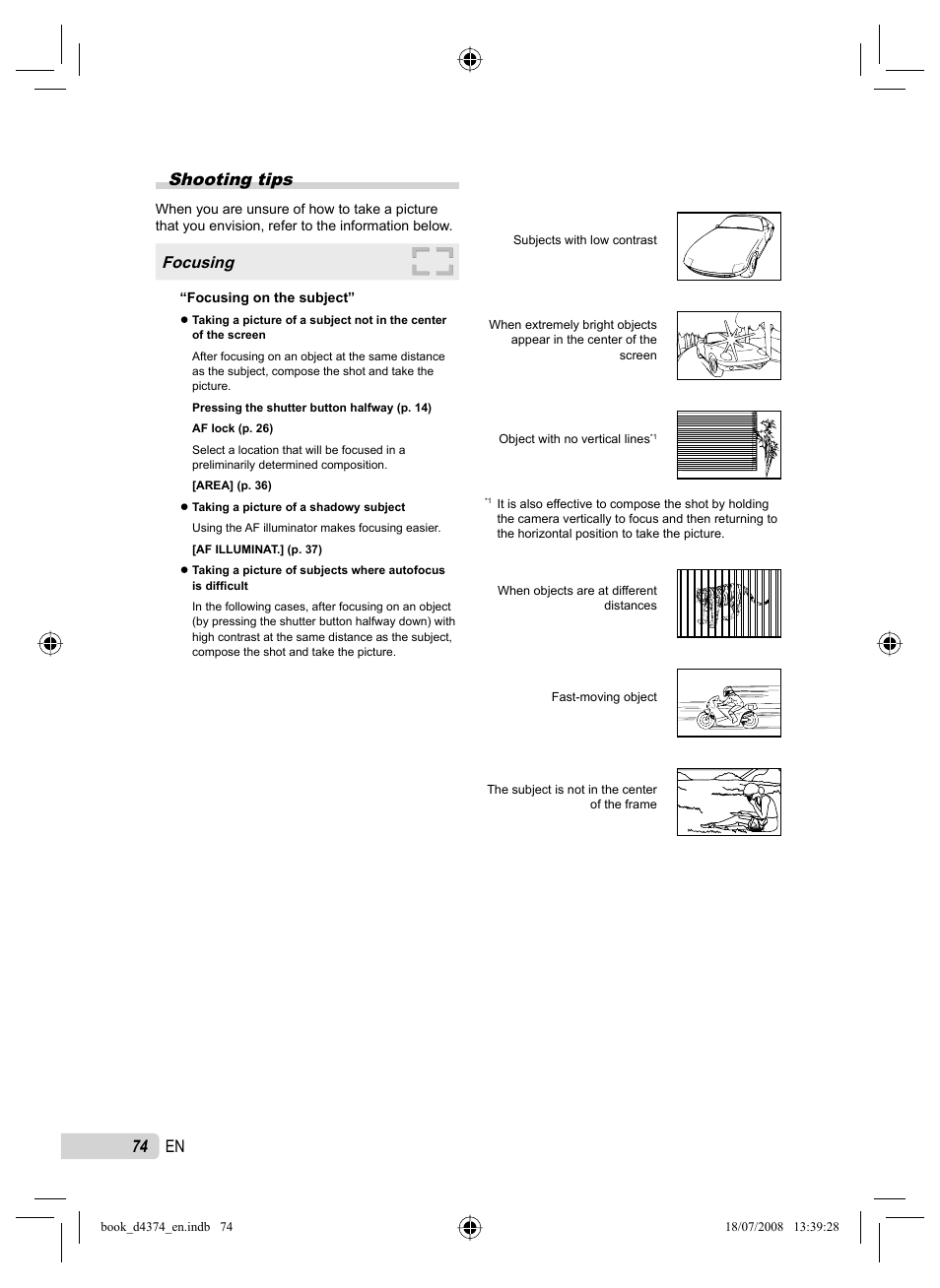 Shooting tips, 74 en, Focusing | Olympus SP-565 UZ User Manual | Page 74 / 94