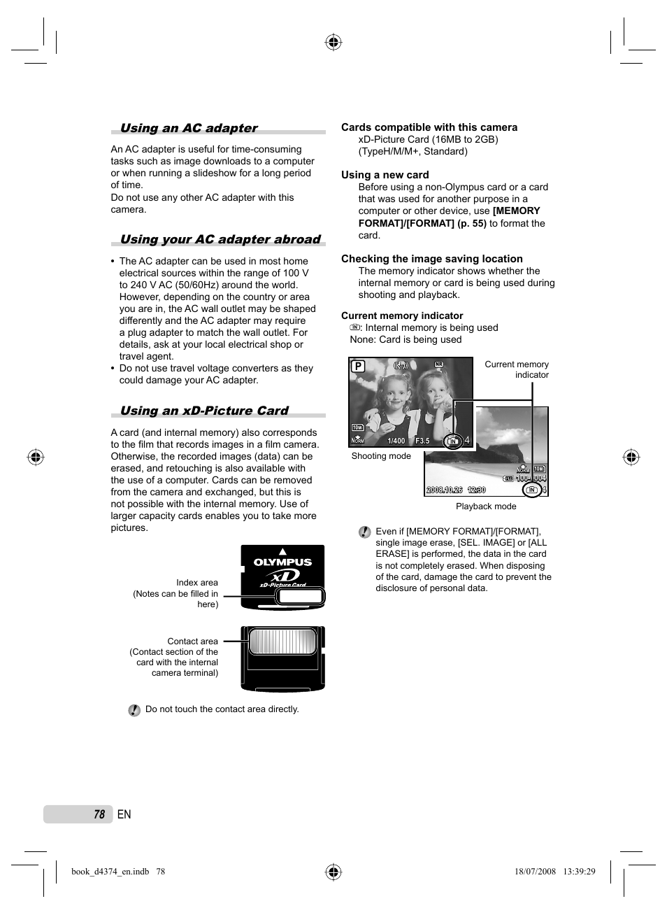 Using an ac adapter, Using your ac adapter abroad, Using an xd-picture card | 78 en, Cards compatible with this camera, Using a new card, Checking the image saving location | Olympus SP-565 UZ User Manual | Page 78 / 94