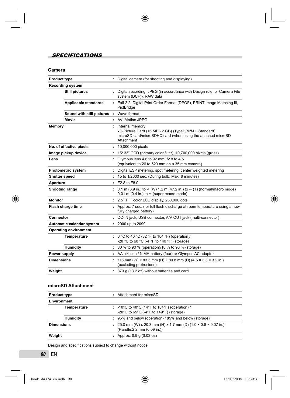 Specifications, 90 en | Olympus SP-565 UZ User Manual | Page 90 / 94