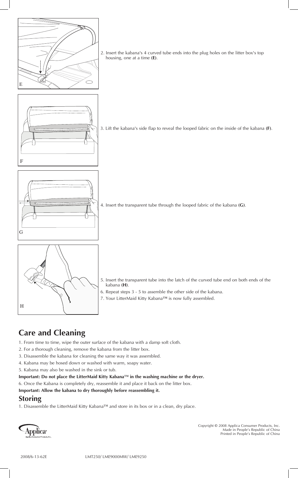 Care and cleaning, Storing | Applica Littermaid Kitty Kabana LMT250 User Manual | Page 2 / 2