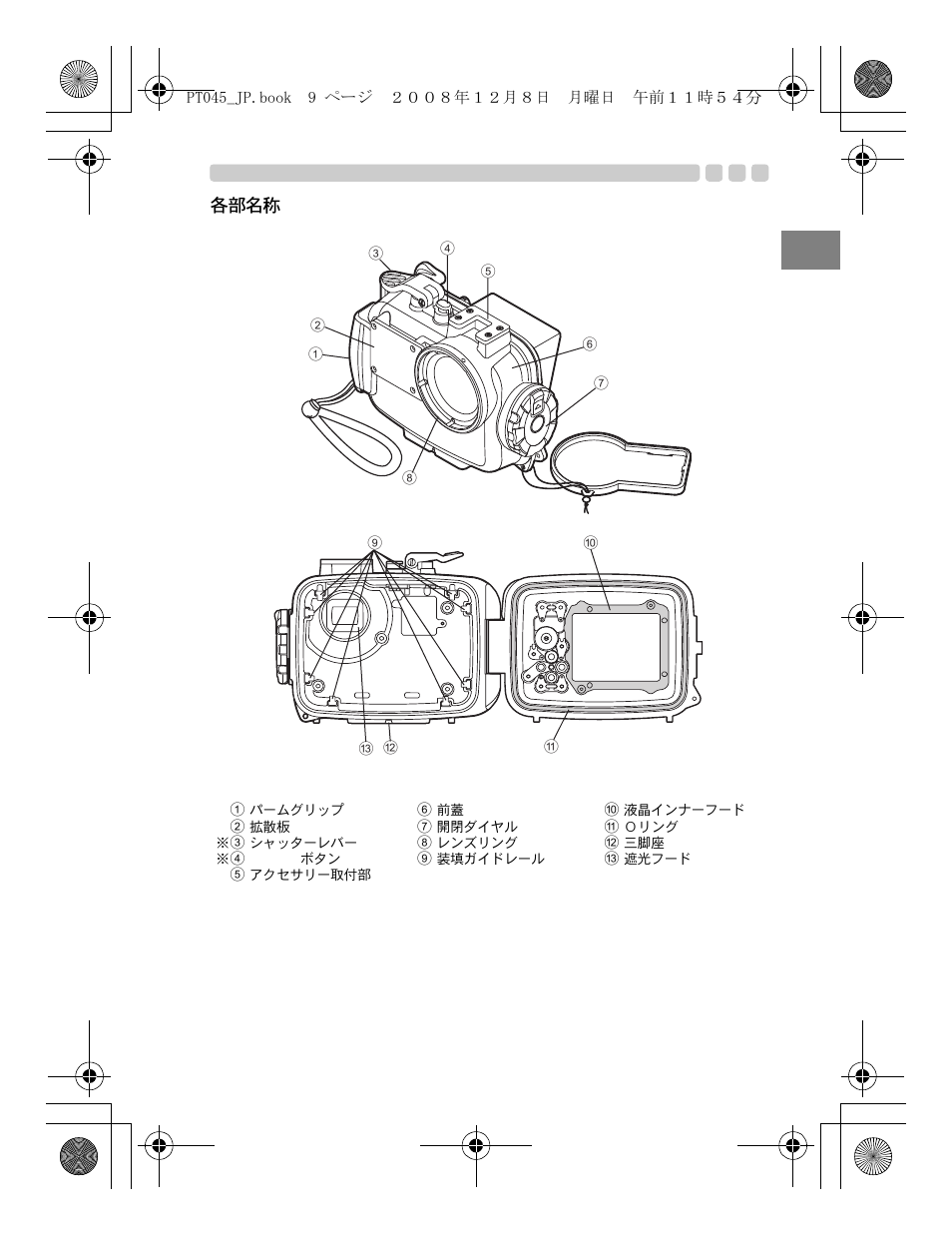各部名称, Jp 9 | Olympus PT-045 User Manual | Page 9 / 212