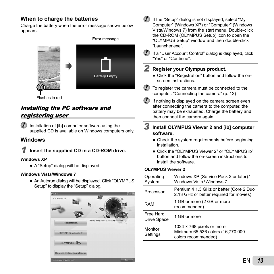 13 en, Installing the pc software and registering user | Olympus SP-720UZ User Manual | Page 13 / 76