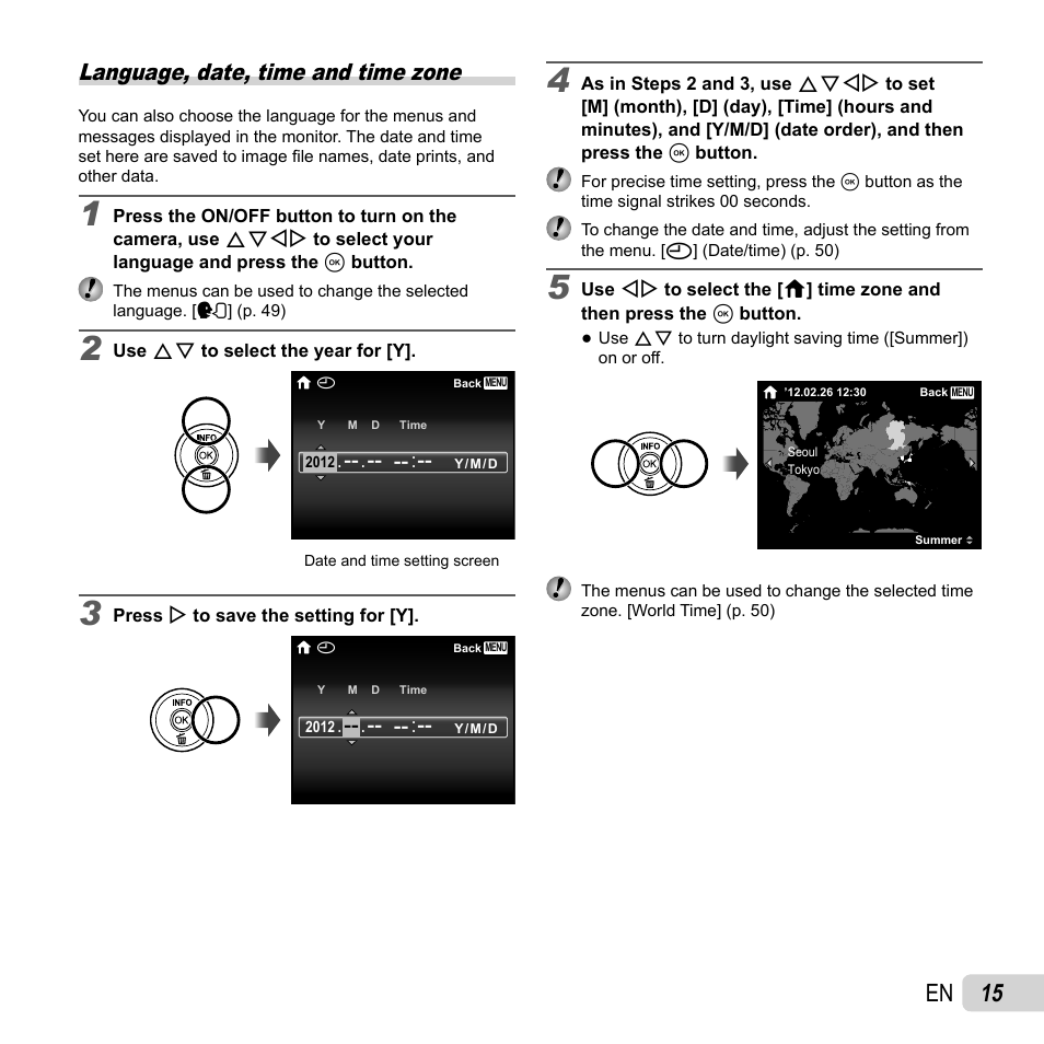 15 en, Language, date, time and time zone | Olympus SP-720UZ User Manual | Page 15 / 76