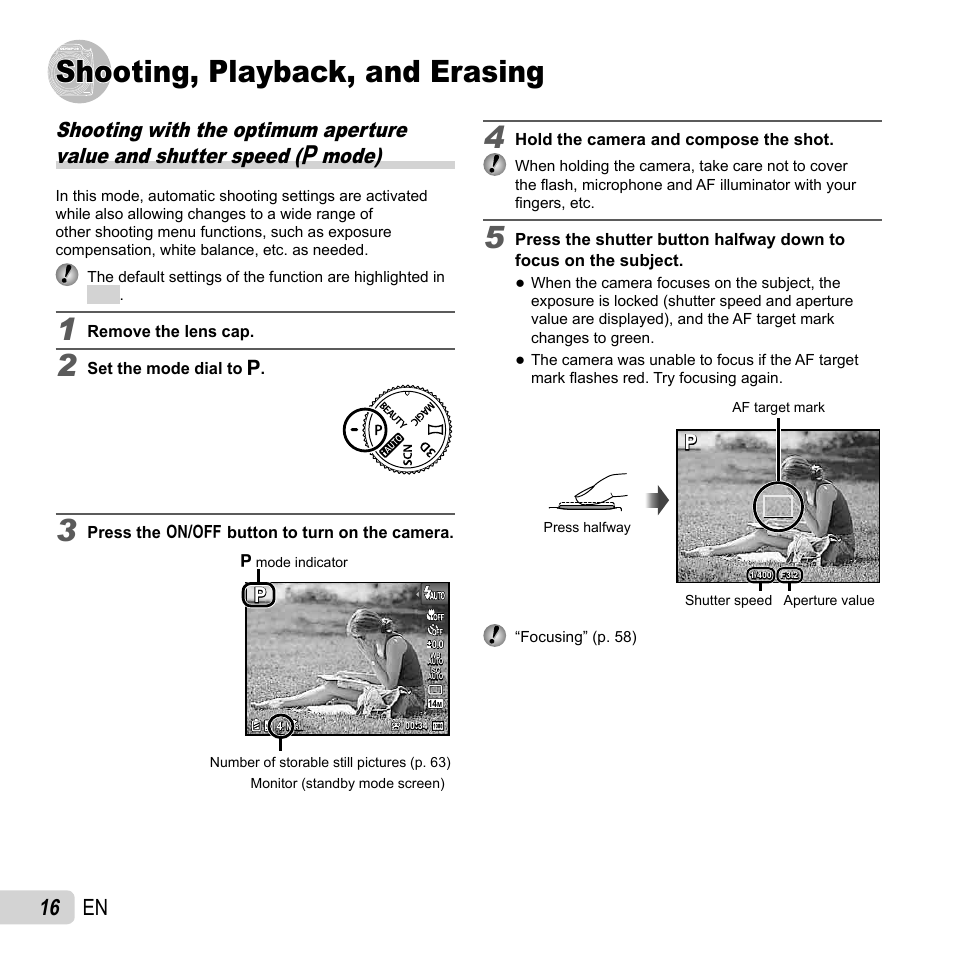 Shooting, playback, and erasing, 16 en | Olympus SP-720UZ User Manual | Page 16 / 76