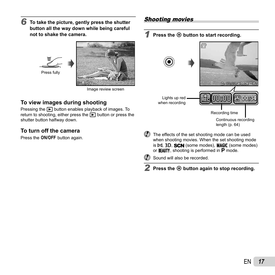 17 en, Shooting movies | Olympus SP-720UZ User Manual | Page 17 / 76