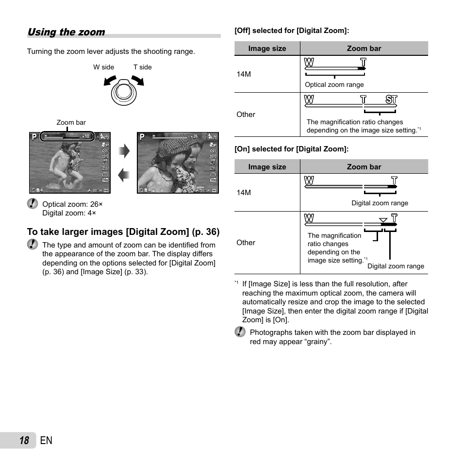 18 en, Using the zoom, Other | Turning the zoom lever adjusts the shooting range, Optical zoom: 26× digital zoom: 4 | Olympus SP-720UZ User Manual | Page 18 / 76