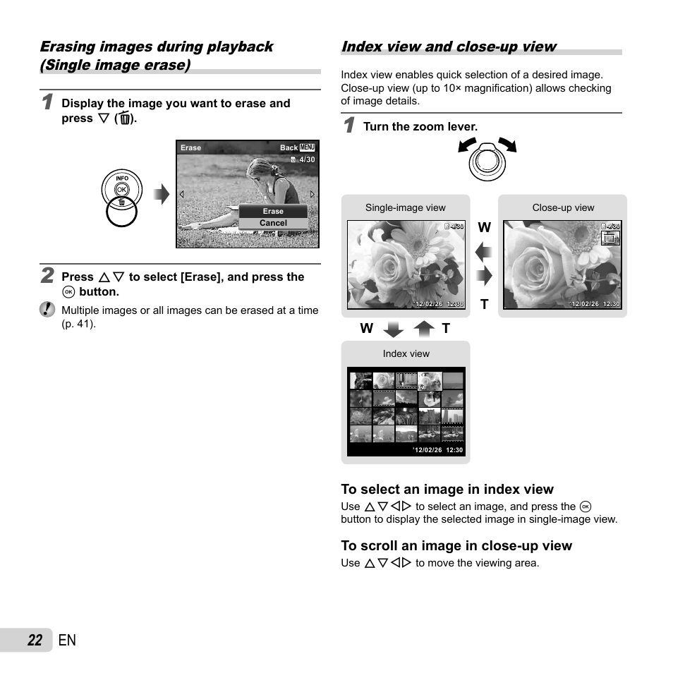 22 en, Index view and close-up view, Wt w t | Olympus SP-720UZ User Manual | Page 22 / 76