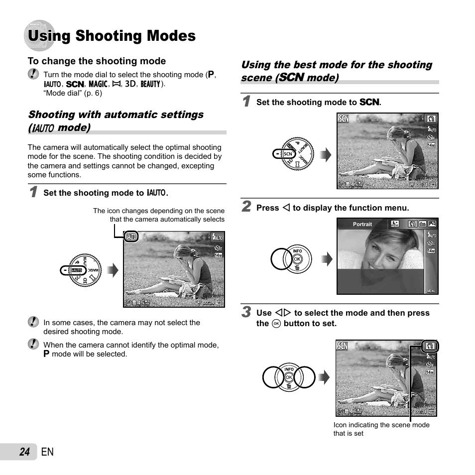 Using shooting modes, 24 en, Shooting with automatic settings ( m mode) | Olympus SP-720UZ User Manual | Page 24 / 76